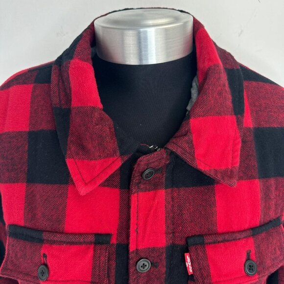 Levi's Cotton Buffalo Check Sherpa Lined Jersey Hooded Shirt Jacket Men's size M - Picture 2 of 10